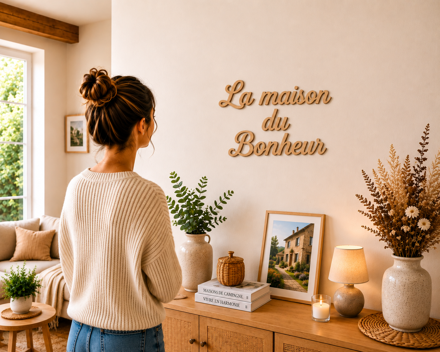 Décoration murale en bois « La maison du Bonheur » – 40 × 30 cm