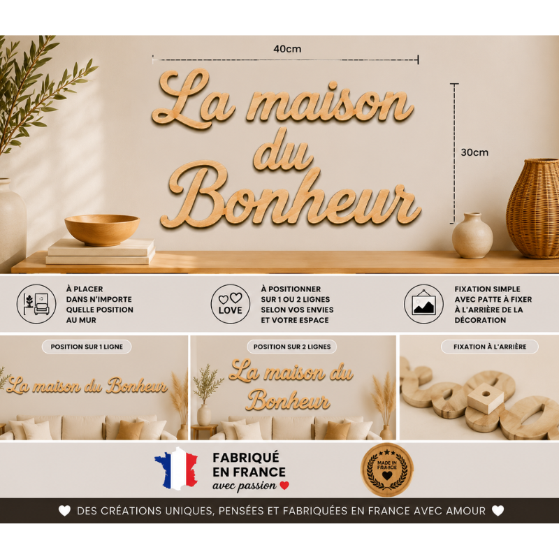 Décoration murale en bois « La maison du Bonheur » – 40 × 30 cm