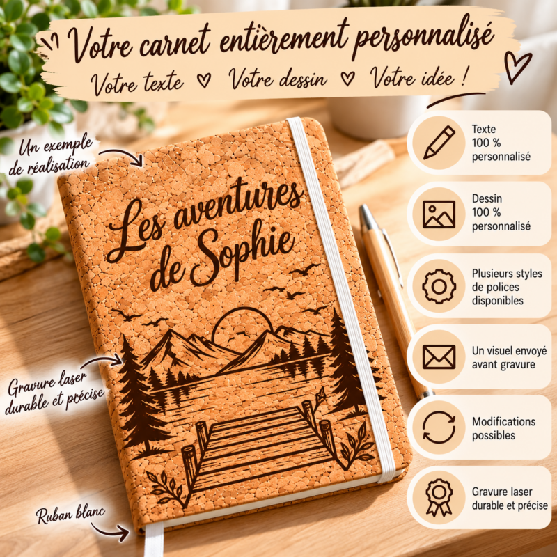 Carnet en liège personnalisé avec texte et dessin gravés au laser