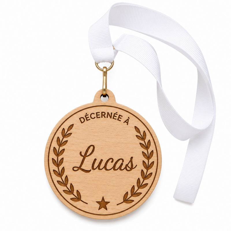 Médaille en Bois Personnalisée avec Prénom ou Texte – Récompense Enfant, École et Sport