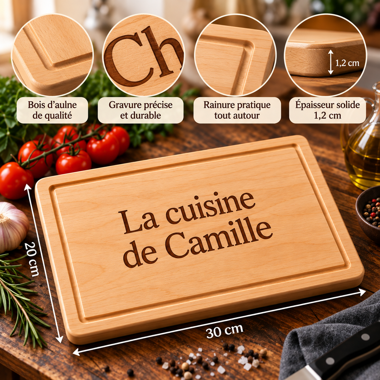 Planche à découper personnalisée en bois – Texte gravé