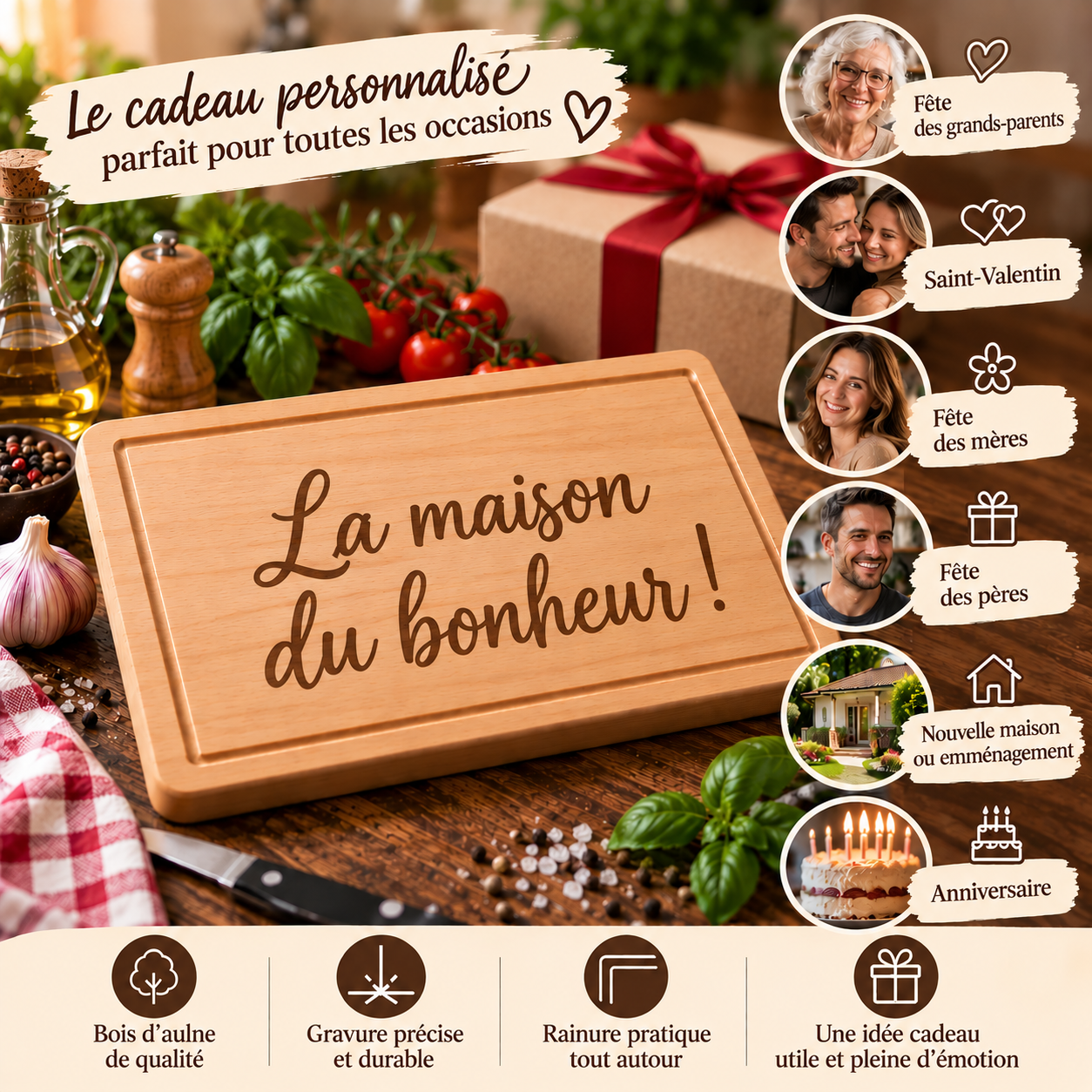 Planche à découper personnalisée en bois – Texte gravé