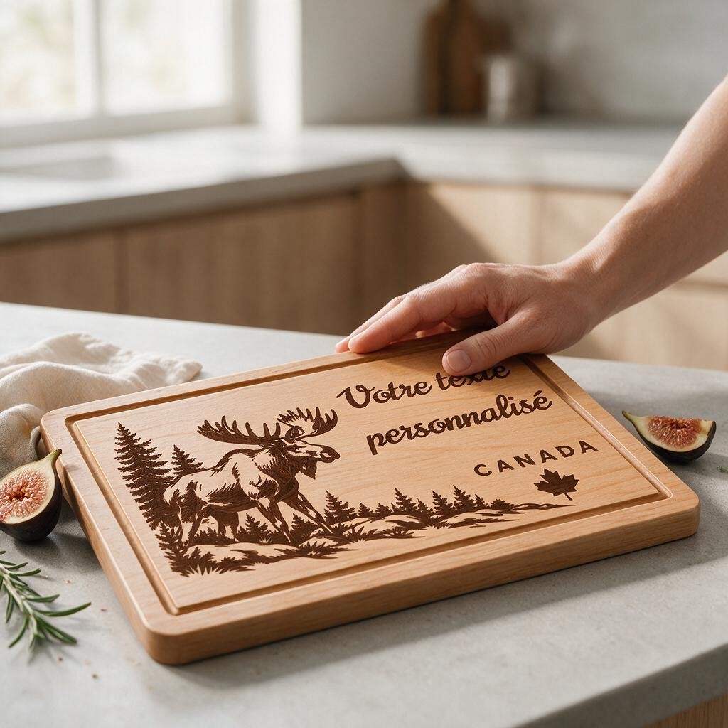 Planche à découper personnalisée Canada – Élan gravé en bois