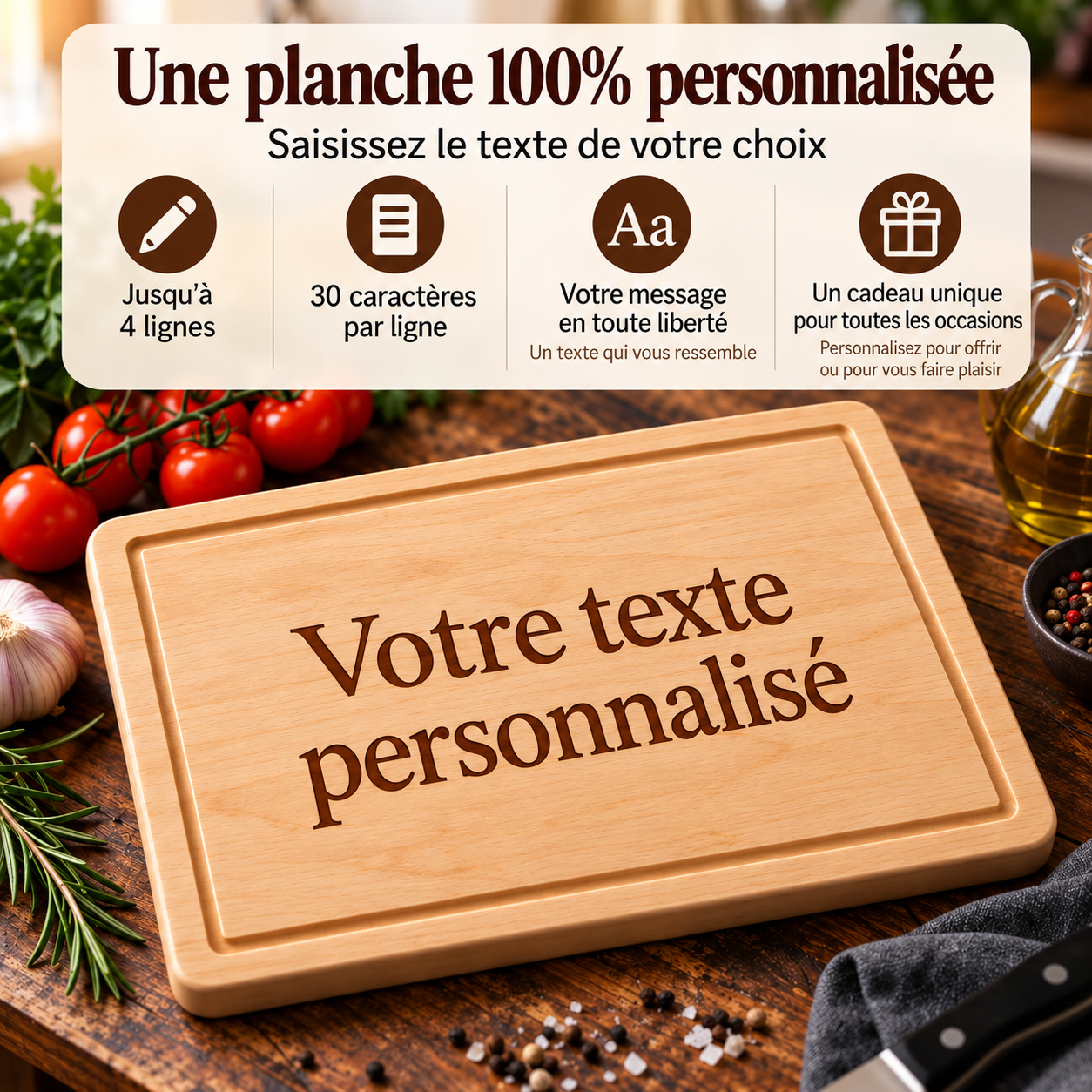 Planche à découper personnalisée en bois – Texte gravé