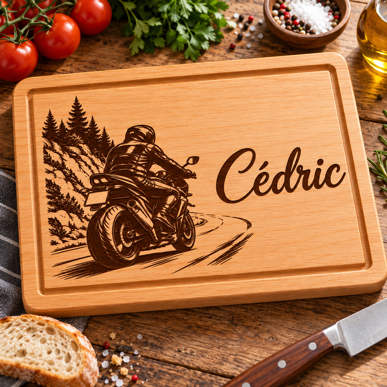 Planche à découper personnalisée Motard – Moto gravée en bois