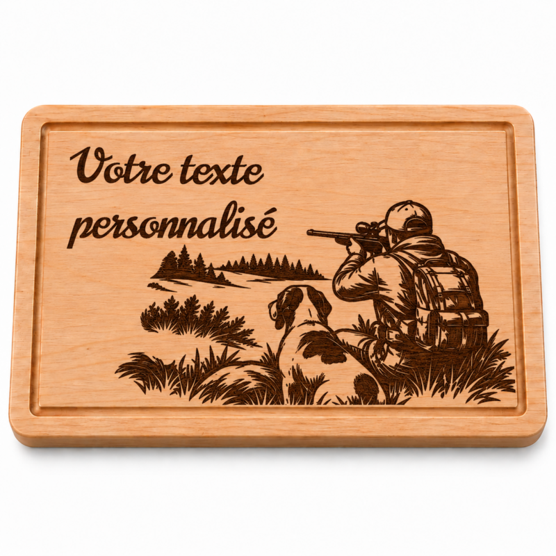 Planche à découper personnalisée Chasseur – Chasse et chien gravés en bois