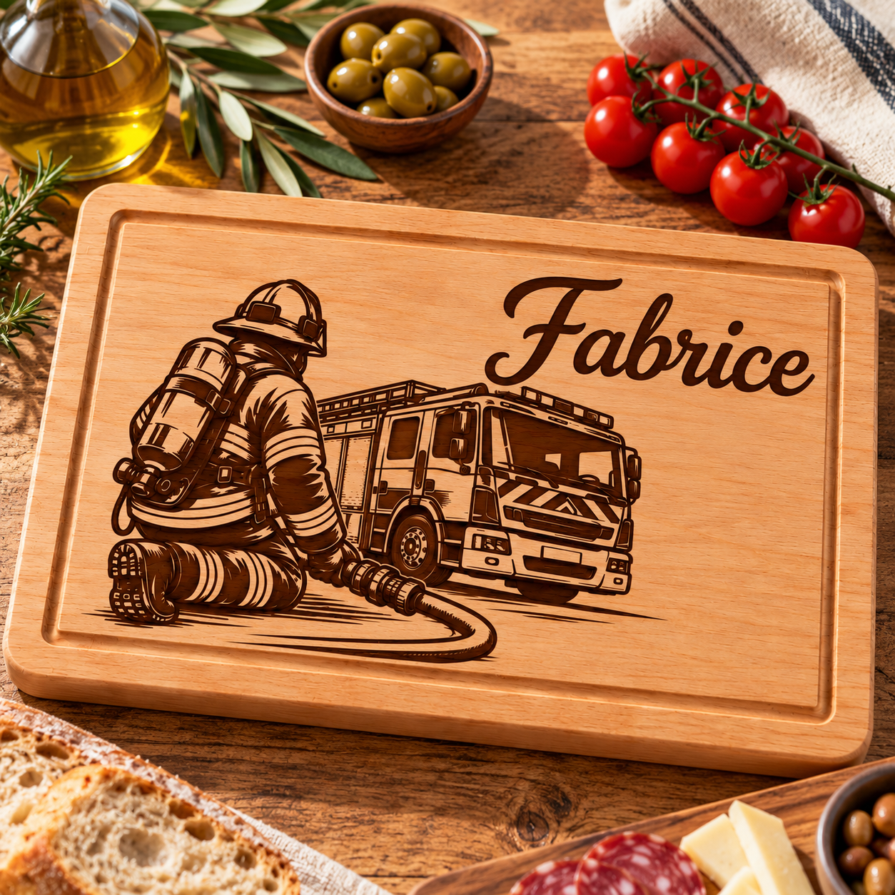 Planche à découper personnalisée Pompier – Camion de pompier gravé en bois