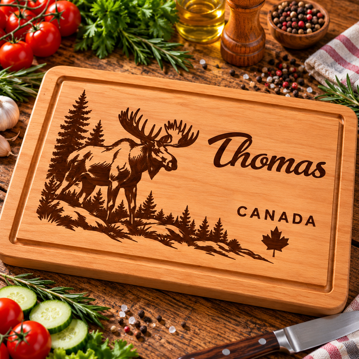 Planche à découper personnalisée Canada – Élan gravé en bois