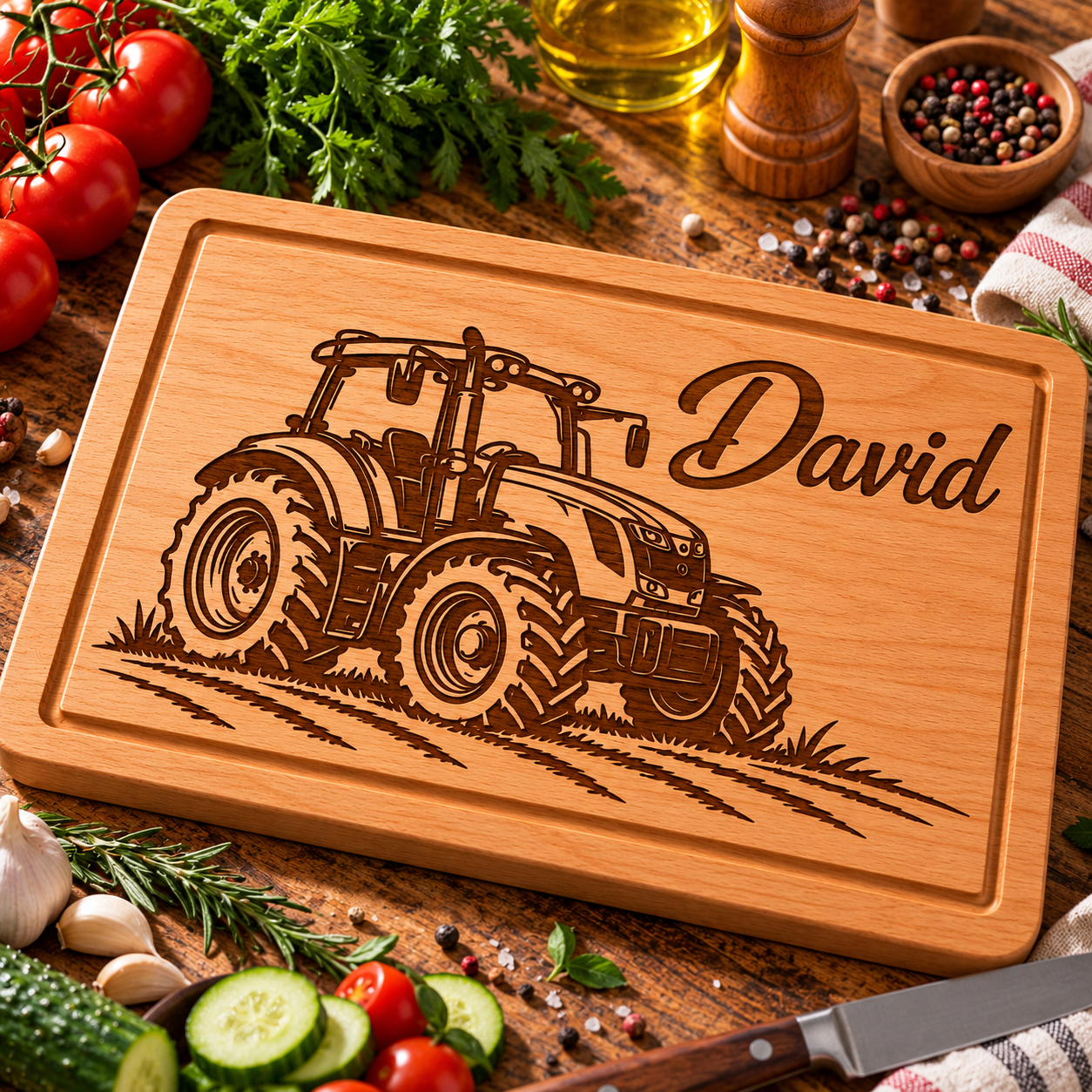 Planche à découper personnalisée Tracteur – Cadeau Agriculteur gravé en bois