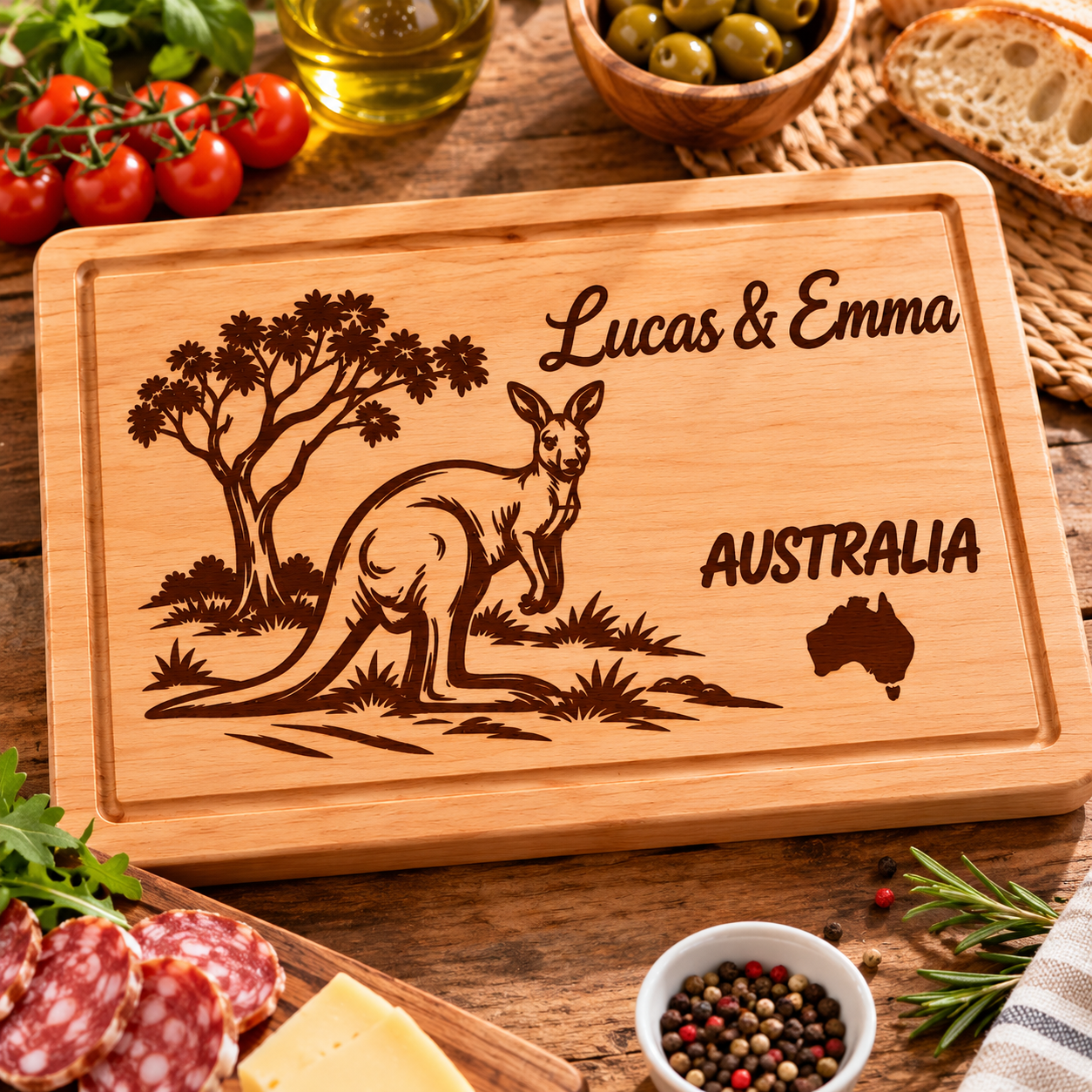 Planche à découper personnalisée Australie – Kangourou gravé en bois