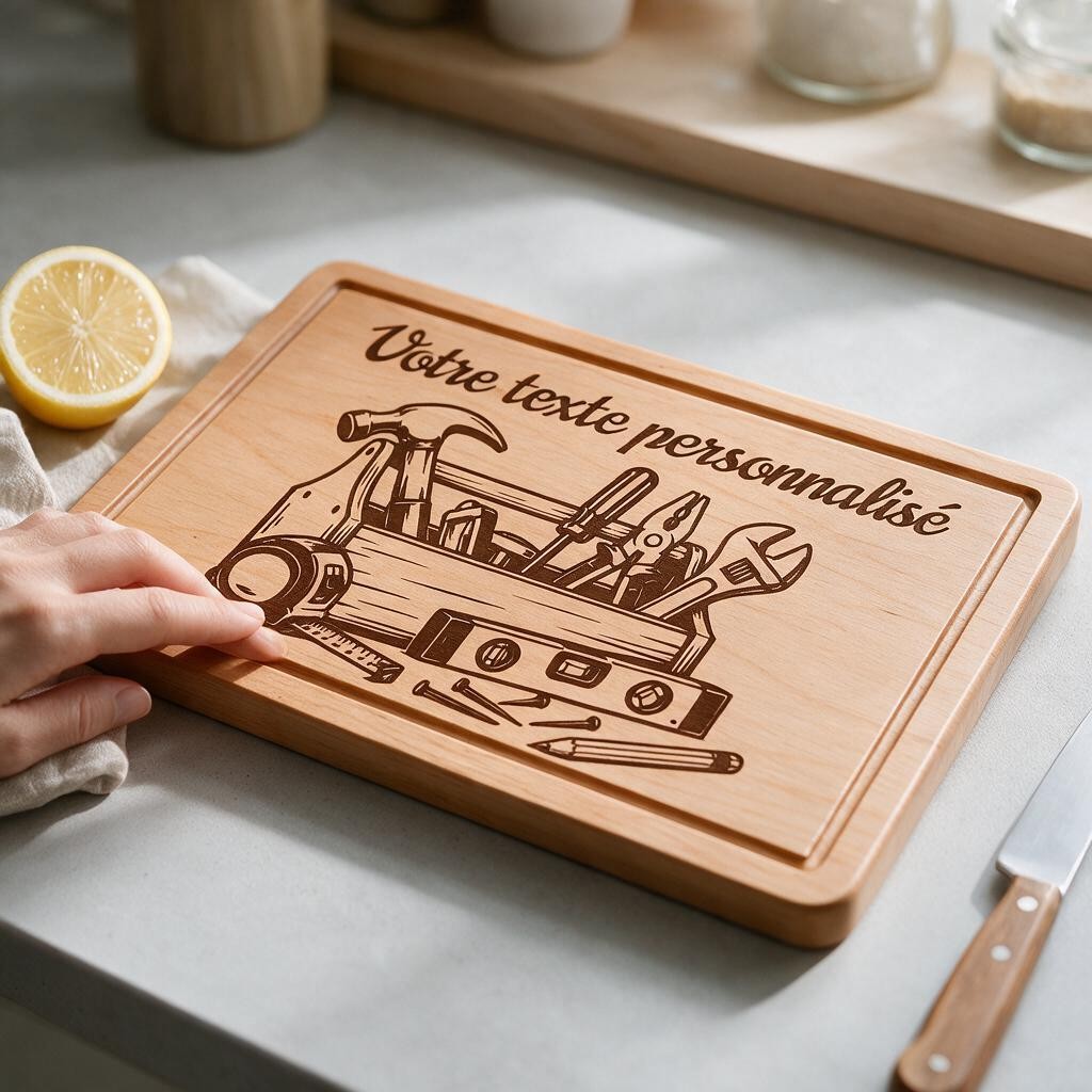 Planche à découper personnalisée Bricoleur – Outils gravés en bois