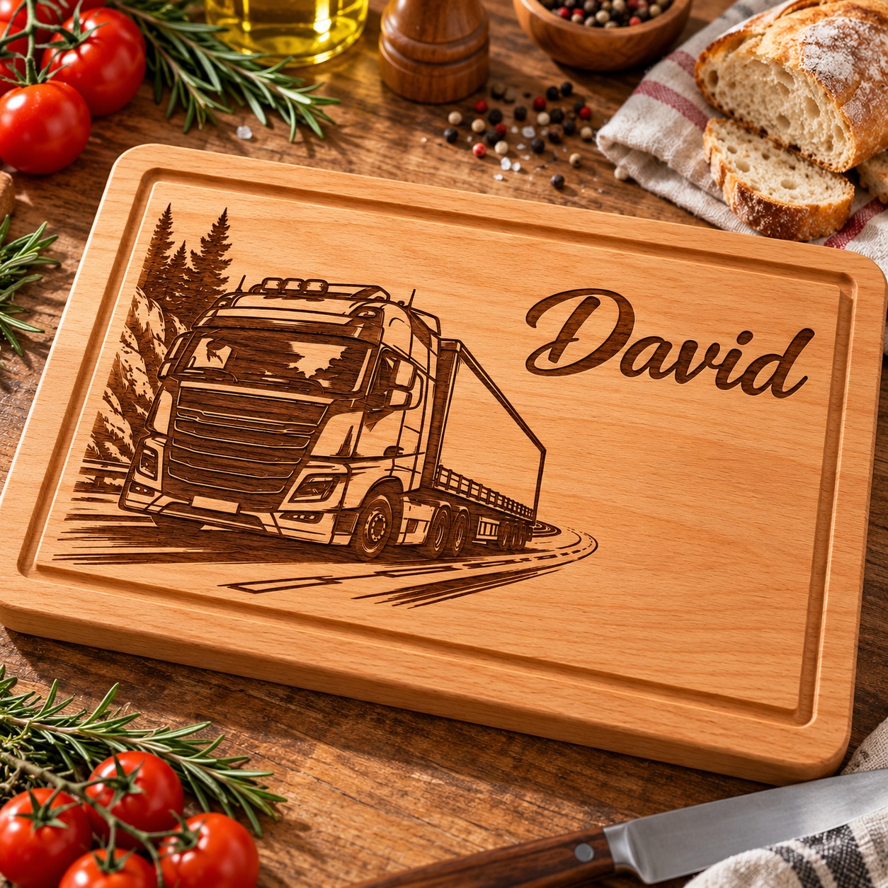 Planche à découper personnalisée Routier – Camion gravé en bois
