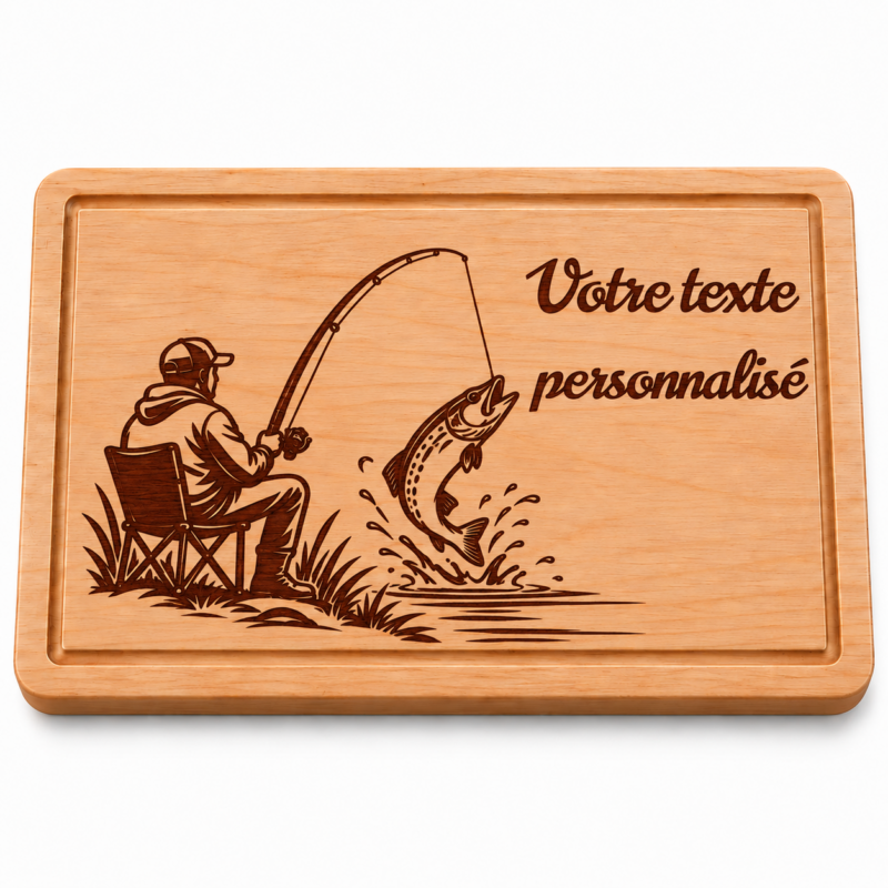 Planche à découper personnalisée Pêcheur – Pêche et poisson gravés en bois