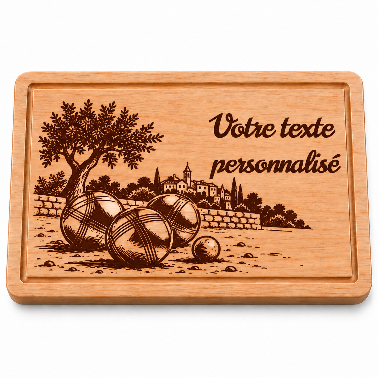 Planche à découper personnalisée Pétanque – Boules de pétanque gravées en bois