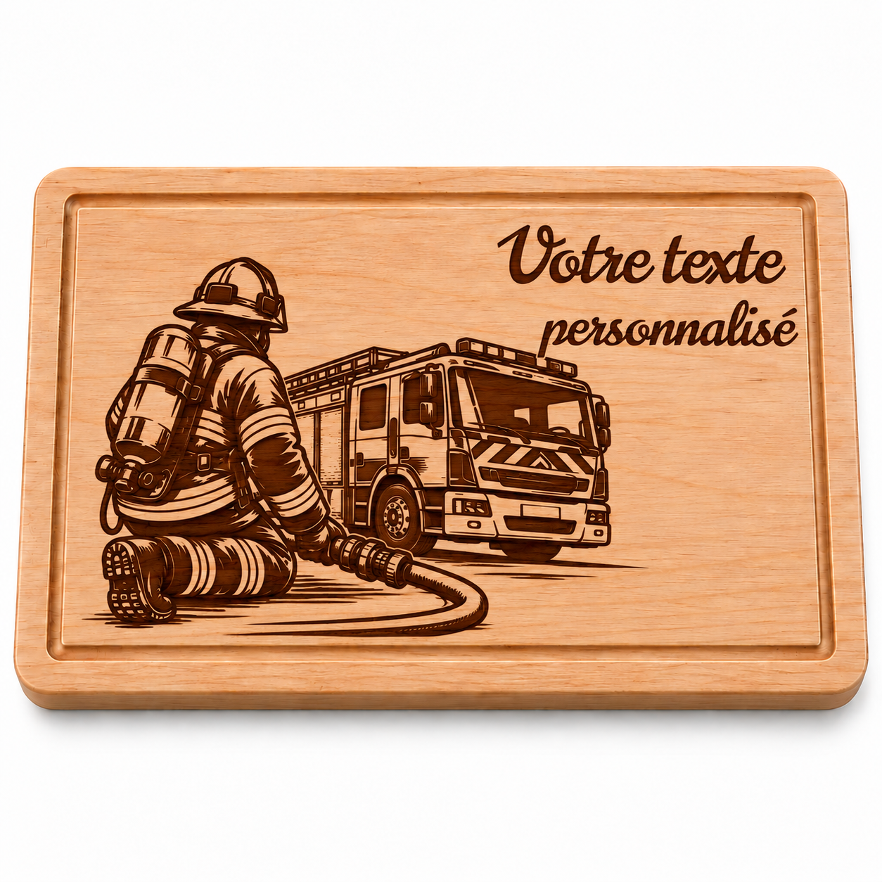 Planche à découper personnalisée Pompier – Camion de pompier gravé en bois